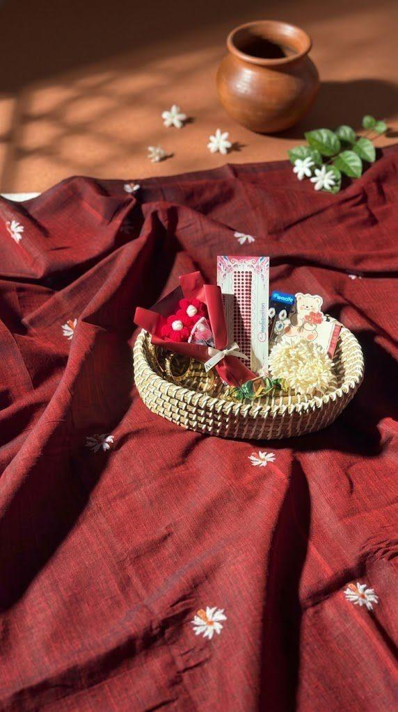 Shiuli Cotton Meroon Saree Combo
