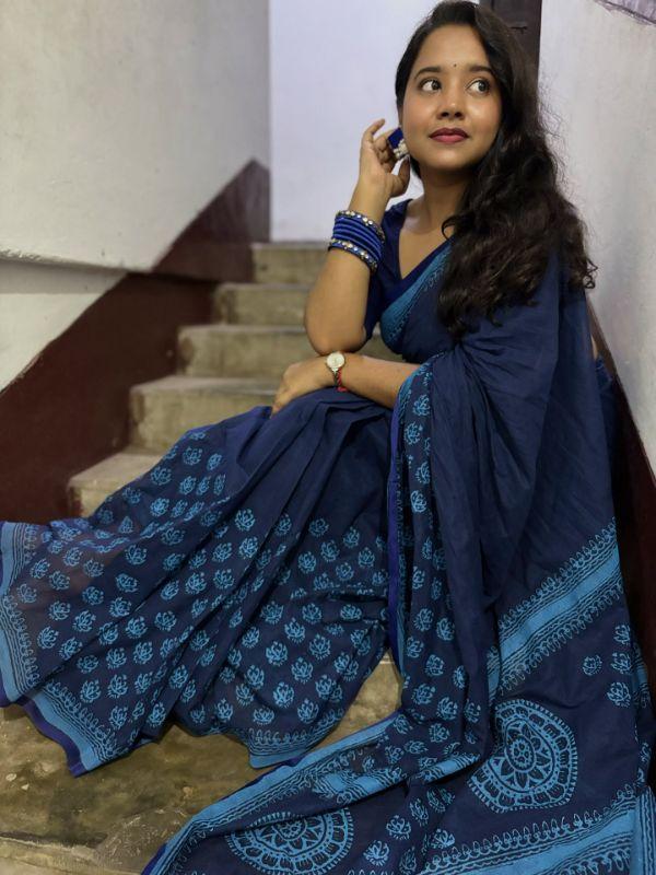 Handloom Blue Cotton Block Saree