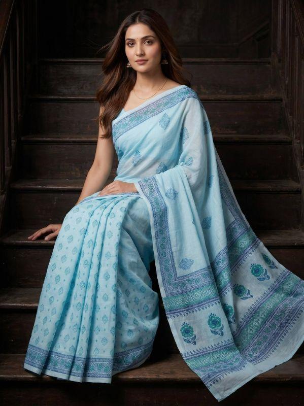 Handloom Sky blue cotton saree 