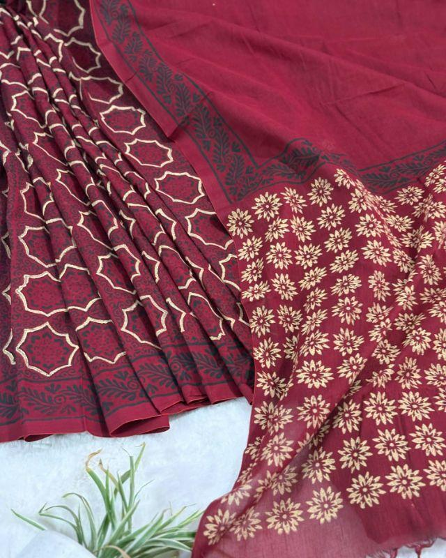Meroon half kuchi block cotton saree 