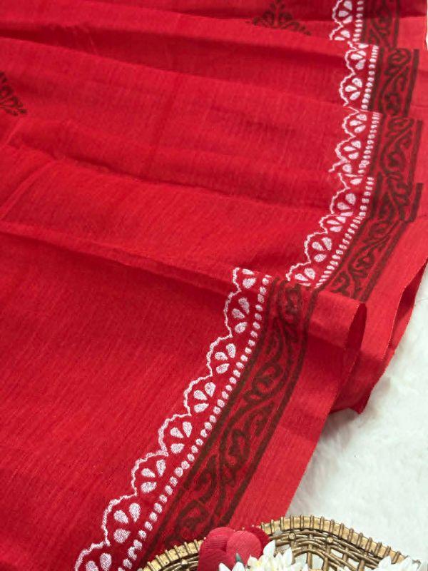Red Handloom Cotton Saree With Dollar Work