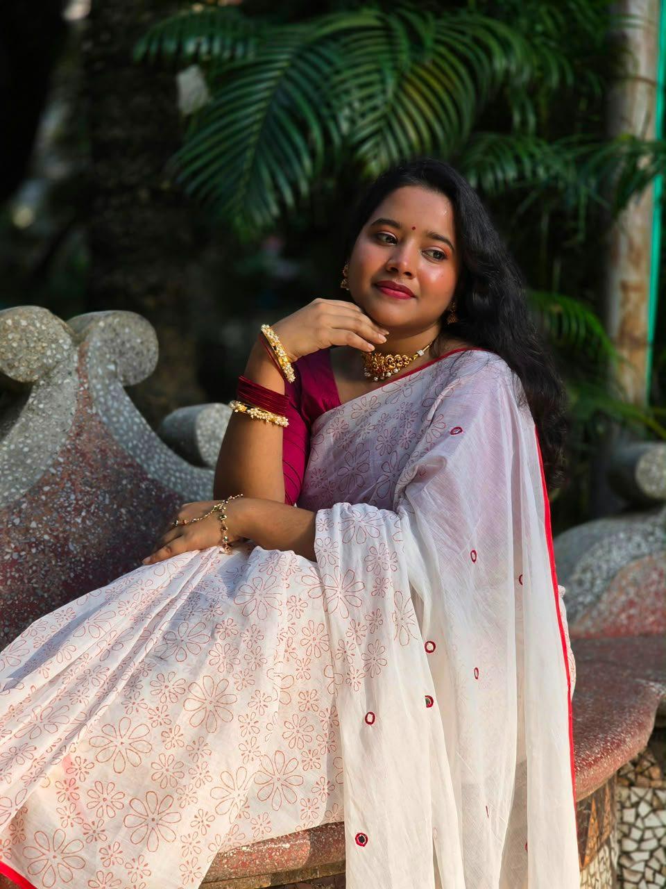White Aarong cotton saree with achol full of dollar work