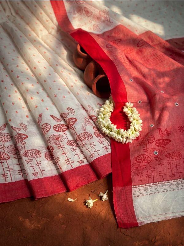 Red White Andy Cotton Saree with dollar work 