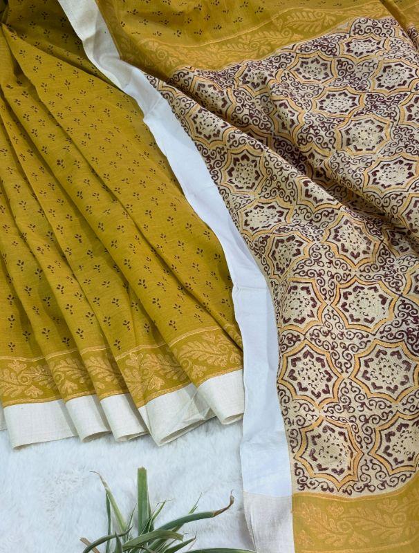 Mustard Half Kuchi work Cotton Saree