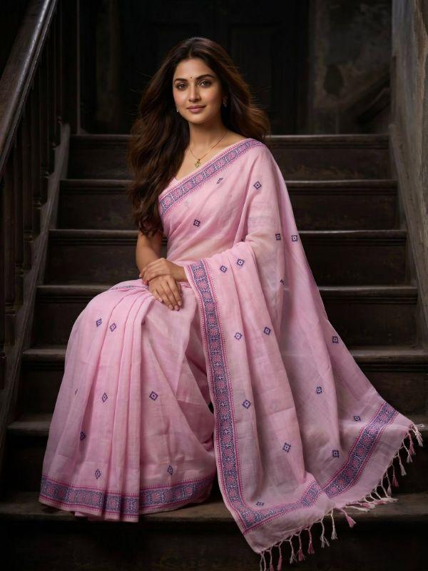Pink Cotton Saree with blue work