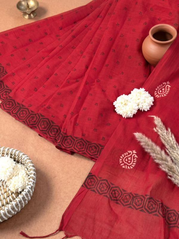 Red Cotton Saree with black work